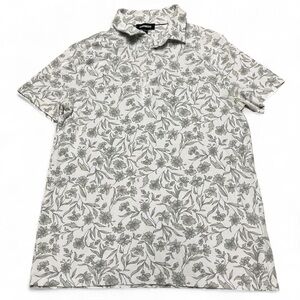Express Shirt Mens Medium Floral Print Polo Gray White Stretch Casual Wear
